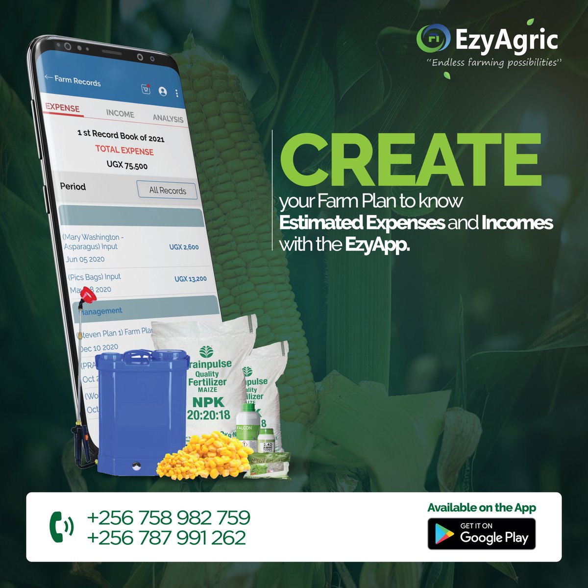 ezyagric's tweet photo. As you prepare for the Planting Season, Create a #FarmPlan to know the Estimated Expense/Income with the EzyAgric App here https://t.co/iUv0ANJxT1 or call 0758982759/0787991262 for details.
Practice Agriculture the Ezy & Smart way today!
#EndlessFarmingPossibilities #TapToPlan https://t.co/XlQfvIzo1o