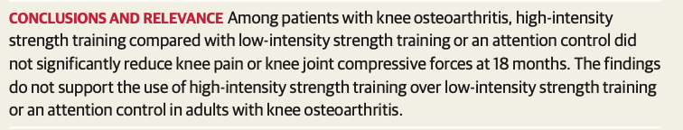 3/8: and the last lines of the conclusion reads ” The findings do not support the use of high-intensity strength training over low-intensity strength training or an attention control in adults with knee osteoarthritis. ”