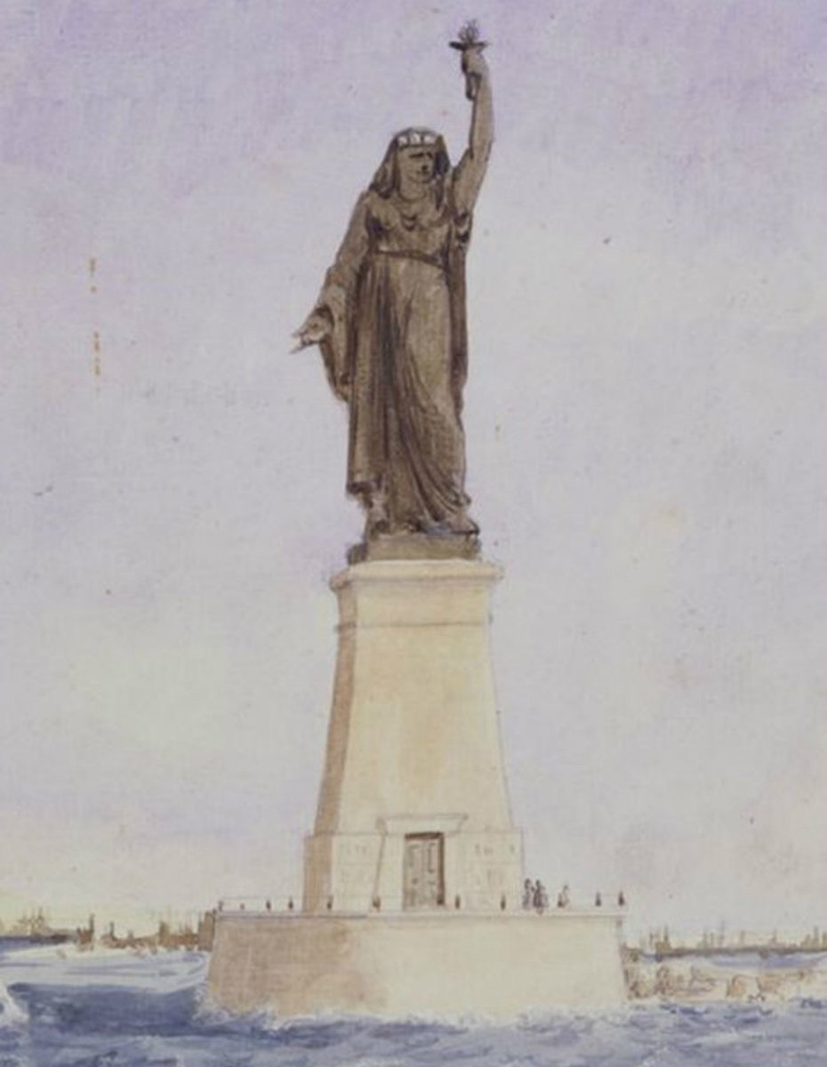 He envisioned a 90-foot-tall statue of a woman in Egyptian peasant robes and holding a torch, which would also serve as a  #lighthouse to guide ships into the canal. (9/14)