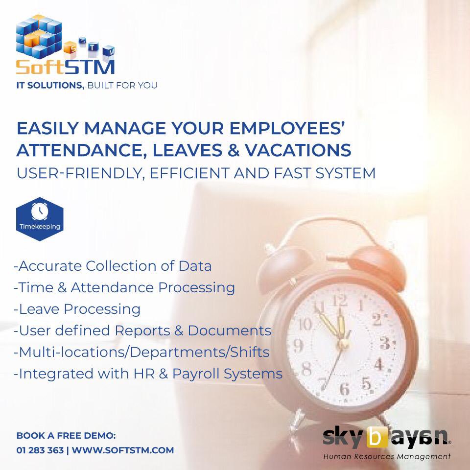 SOFTSTM's tweet image. Bayan Time Keeping Management System gives you the ability to track employee attendance, have control over their leaves &amp;amp; vacations, and manage their effect on payroll slips
📱01283363 #softstm #hrms #hrsolution #humanresources #hrmanagement #timekeeping #timemanagement