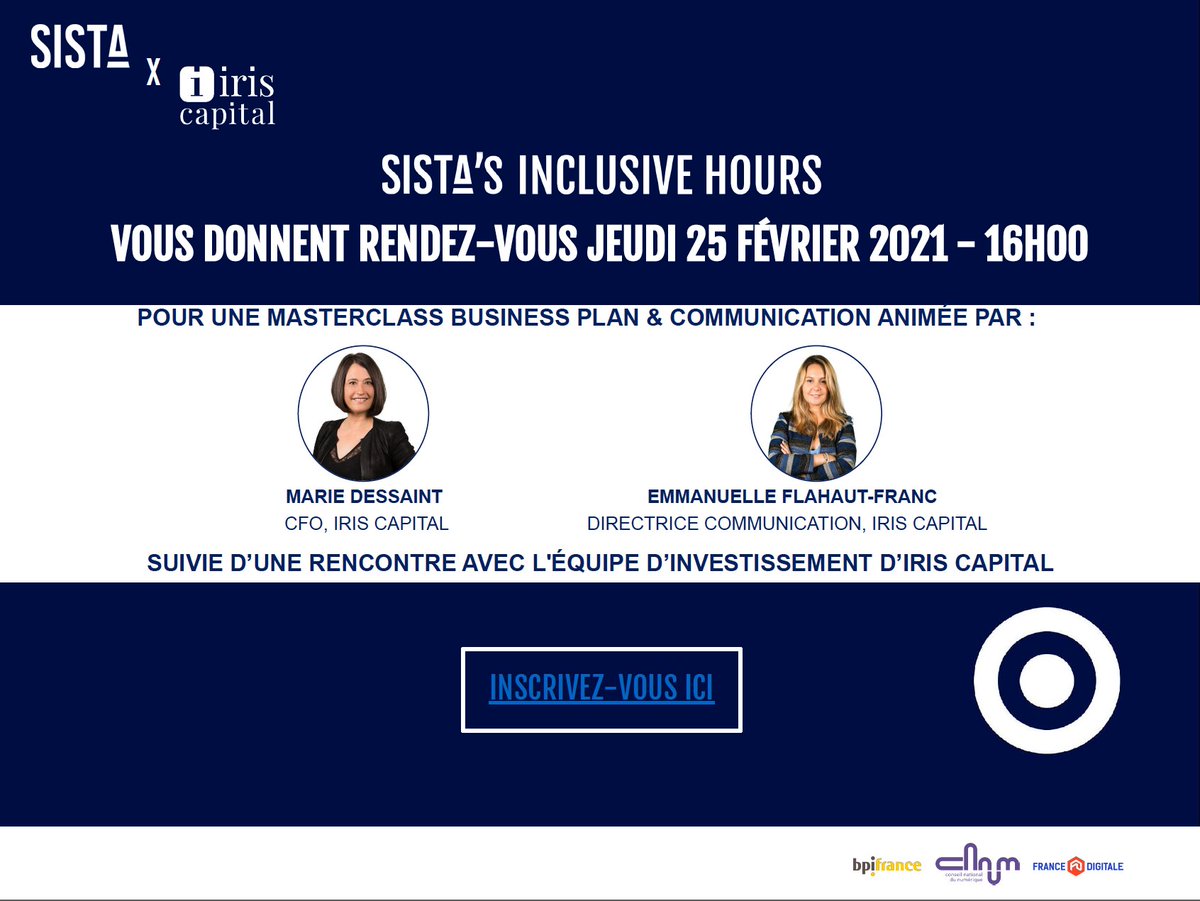 We're proud to hold our first <a href="/wearesista/">SISTA</a> x <a href="/Iris_Capital/">IRIS</a> #inclusive office hours to help #women #founders grow business! Register to participate to a unique #masterclass followed by a personal #coaching session  with our #investment team. Want to join us? Tap on the link 👇🏻