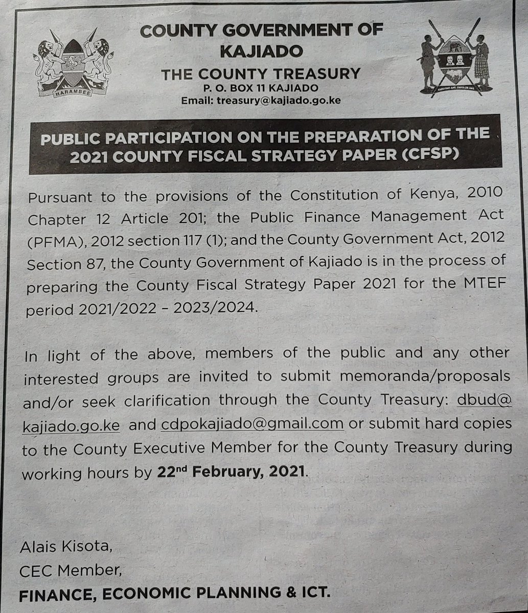 CGW_Kenya's tweet photo. Call for #PublicParticipation on #CountyFiscalStrategyPaper (CFSP) 2021. @KajiadoGov @kajiadoassembly https://t.co/l5MFiet6DD