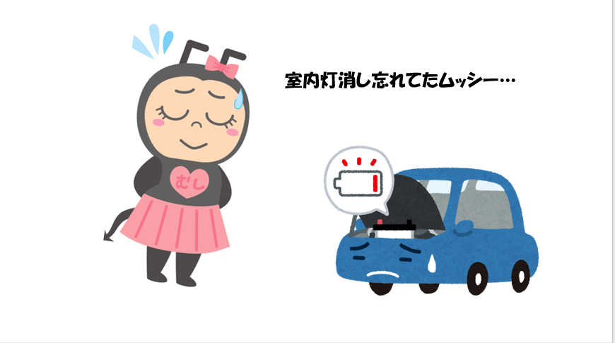 新潟県警察交通部 ひかるくんの交通安全 バッテリーあがり にご注意を エンジンを切って車を止めるとき ヘッドライトや 室内灯の点けっぱなしに注意 冬は バッテリーがあがりやすい エンジンがかかりにくいと感じたときは 早めの