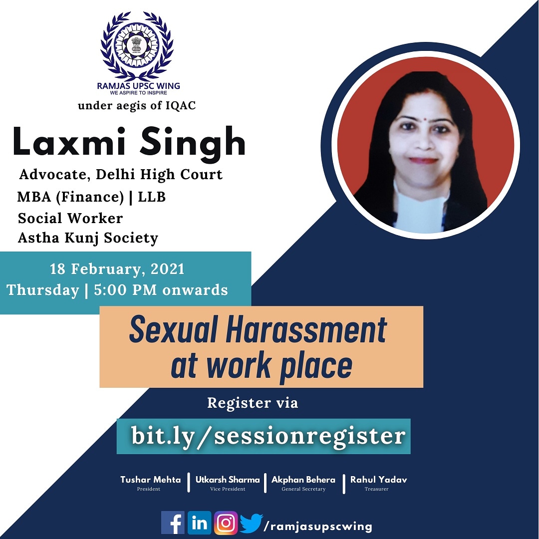 Ramjasupscwing's tweet photo. "Sexual Harassment"- when our senses perceive this term, a chill goes down our spine. But we commit to erase away this social evil. We are proud to host  Mrs. Lakshmi Singh for session on topic of the hour " Sexual Harassment at Workplace" on 18 feb, 2020 | 5:00 pm onwards. https://t.co/X4DRdnAPMJ