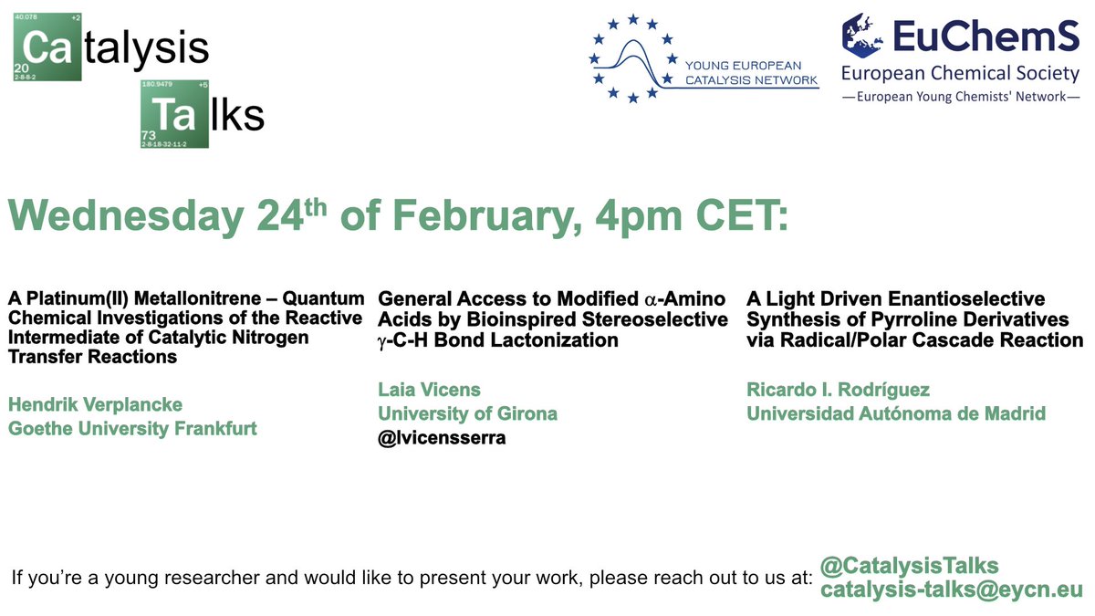Catalysis Talks (@catalysistalks) on Twitter photo T-1week!
Our next session is taking place in exactly one week. Come join us and listen to the talks of Hendrik Verplancke, Laia Vicens (<a href="/lvicensserra/">Laia Vicens Serra</a>) and Ricardo Rodriguez.
February 24, 4pm CET.
Free registration: forms.gle/fuXUQMgXDwXBXf… T-1week!
Our next session is taking place in exactly one week. Come join us and listen to the talks of Hendrik Verplancke, Laia Vicens (<a href="/lvicensserra/">Laia Vicens Serra</a>) and Ricardo Rodriguez.
February 24, 4pm CET.
Free registration: forms.gle/fuXUQMgXDwXBXf…