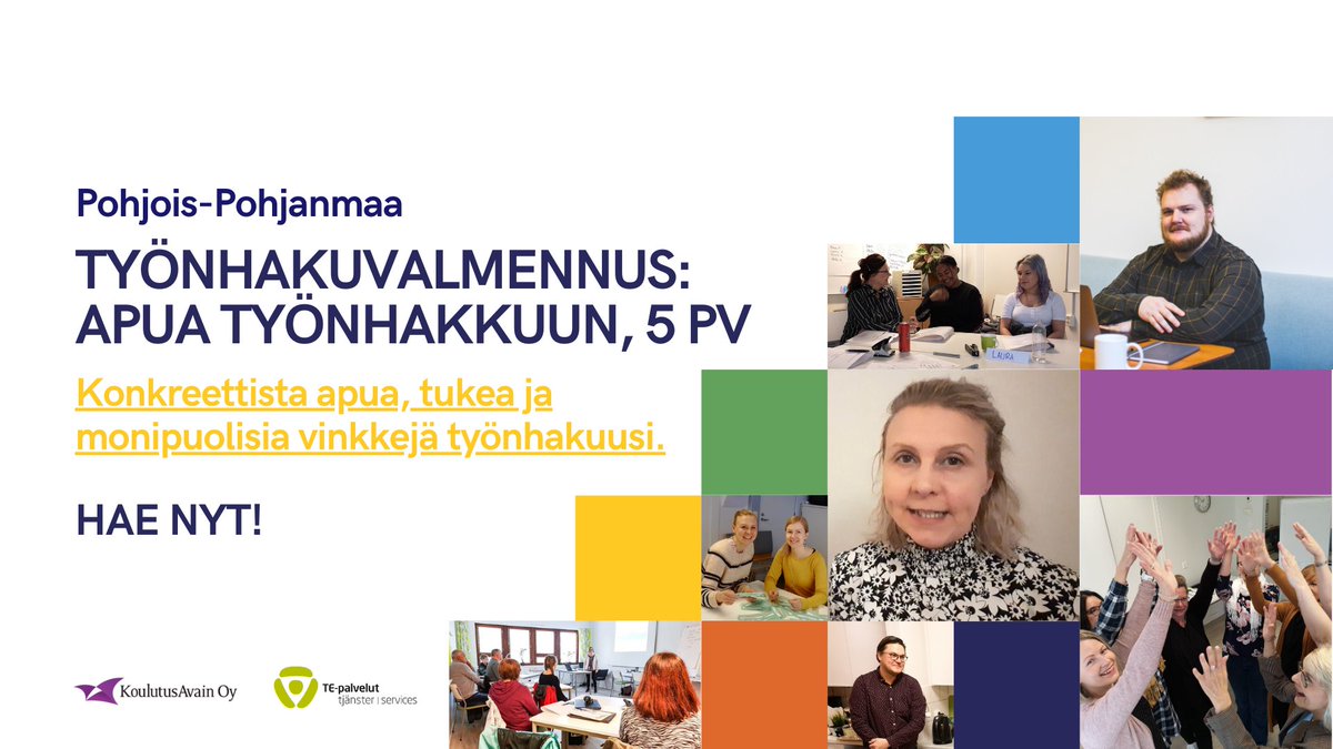 Etsitkö töitä, mutta et tiedä mistä aloittaa?Pohditko, miten saat kerrottua omasta osaamisesta ja kokemuksista vakuuttavasti työnantajalle?Jännittääkö #haastattelu ?
 
Ilmoittaudu nyt 14.4.alkavaan valmennukseemme!

#pohjoispohjanmaa #työnhaku #oulu #työtön #työnhakija #hakemus