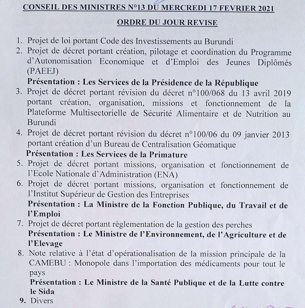 NtareHouse's tweet photo. Le Code des Investissements au #Burundi, le Fonctionnement de l'Ecole Nationale d'Administration et l'Opérationalisation de la CAMEBU figurent parmi les points à l'ordre du jour du Conseil des Ministres qui se réunit ce matin sous les auspices de S.E Evariste #Ndayishimiye. https://t.co/J5Kknx1htt