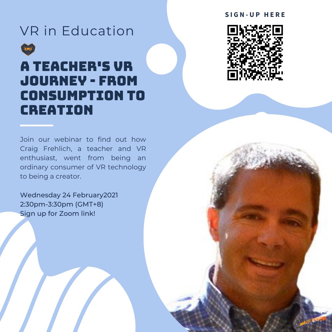 vere360's tweet photo. Join our second installment of our VR in Education Webinar series how Craig Frehlich, a teacher and VR enthusiast, went from being an ordinary consumer of VR technology to being a creator! Scan the QR code or click on this link to to sign-up today!
https://t.co/o7RaeMJWe8 https://t.co/pjguICG4IH