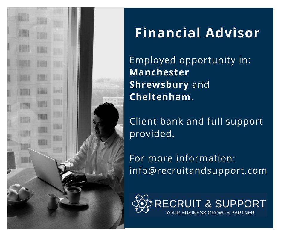 ARRTalent's tweet image. We are Hiring. Employed Diploma qualified Financial Advisor. Manchester, Shrewsbury and Cheltenham. Contacts: info@recruitandsupport.com
#recruitandsupport #recruiting #searchandselection #financialadvisor #financialplanning #financialplanner #financialservices #wealthmanagement
