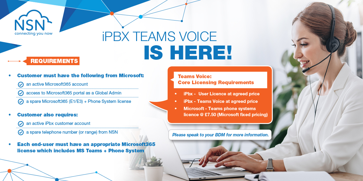 NSN's voice license allows you to connect external phone lines and use Teams as an office phone system.

Email sales@nsn.co and give your "Teams" a voice!

#NSN #Telecoms #MSTeams #ConnectingYouNow #BetterTogether