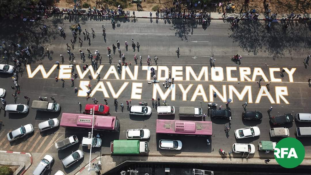 freya_cole's tweet photo. Organised, peaceful and creative. A selection of some of the banners, street art and slogans which have cropped up as part of the anti-coup protests in Myanmar. So much effort has gone into some of these pieces and now the message they hold are being projected around the world. https://t.co/erRFafSHvw