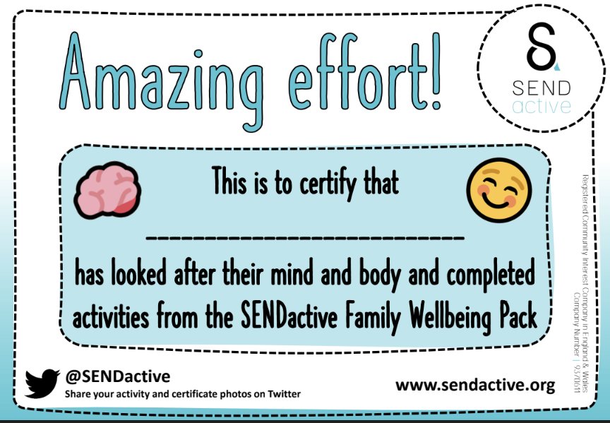SENDactive's tweet photo. 🧠☺️ Have you had a go at any of the activities from the @SENDactive Family #Wellbeing Pack over the half term break? ⬇️ the full pack (which includes a certificate 🌟) at https://t.co/WPXLht6gHh #SENDactiveAtHome #holidayactivities https://t.co/eQX7SexHA1
