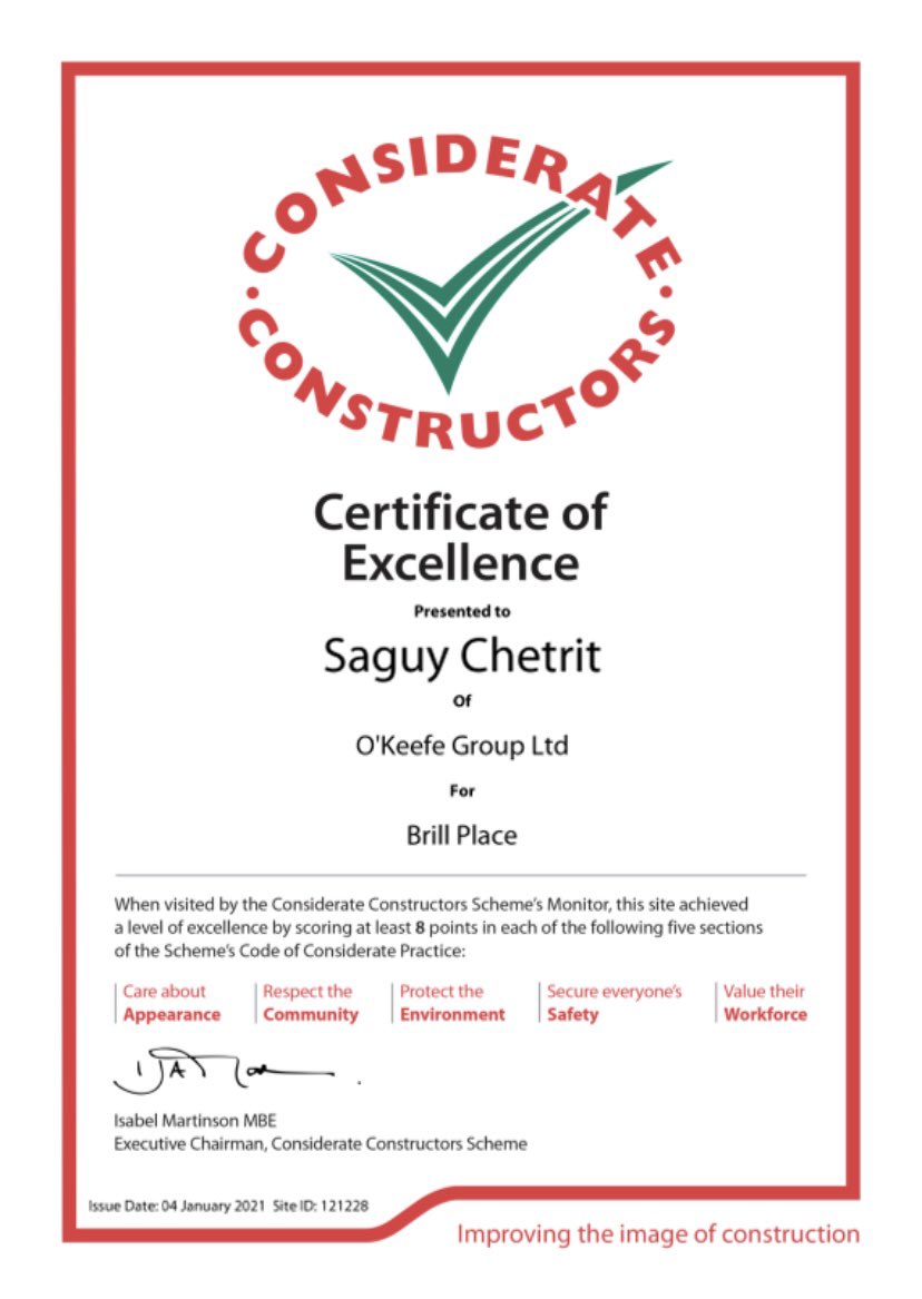 The O'Keefe Group (@okeefe_group) on Twitter photo Well done to our project team who worked at Brill Place for being awarded the <a href="/CCScheme/">Considerate Constructors Scheme</a> Certificate of Excellence, an A1 star rated performance, along with achieving the <a href="/CLOCS/">CLOCS</a> National Standard 😁
Thank you to the team and the neighbourhood for working with us throughout! Well done to our project team who worked at Brill Place for being awarded the <a href="/CCScheme/">Considerate Constructors Scheme</a> Certificate of Excellence, an A1 star rated performance, along with achieving the <a href="/CLOCS/">CLOCS</a> National Standard 😁
Thank you to the team and the neighbourhood for working with us throughout!