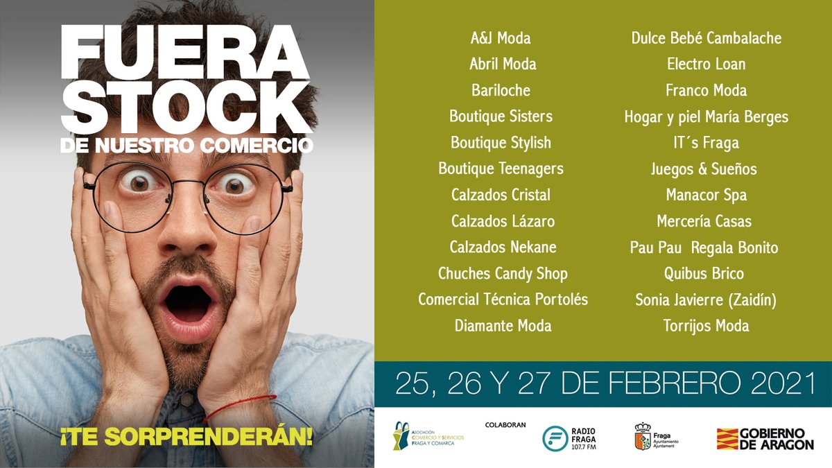 comerciofraga's tweet photo. 2º edición de #FueraStock una iniciativa en la que durante los días 25,26 y 27 de FEBRERO, podrás encontrar productos con SUCULENTOS DESCUENTOS ¿Quieres saber qué establecimientos participan?
👉https://t.co/mz2GznNOaL
Colaboran: @FragaAyto, @RadioFraga y @GobAragon https://t.co/laXb7SNvrk
