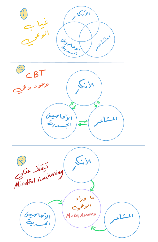 اليقظة العقلية mindfulness تهدف إلى تيقظ الوعي بالذات. تتعدى مفهوم الوعي بالأفكار والمشاعر والأحاسيس الجسدية وعلاقتها ببعض إلى مفهوم ما وراء الوعي Meta-Awareness  والذي يساهم في جعل الفرد يعي ما يحدث باللحظة وبدون حكم أو تفاعل مع القبول التام واللطف.