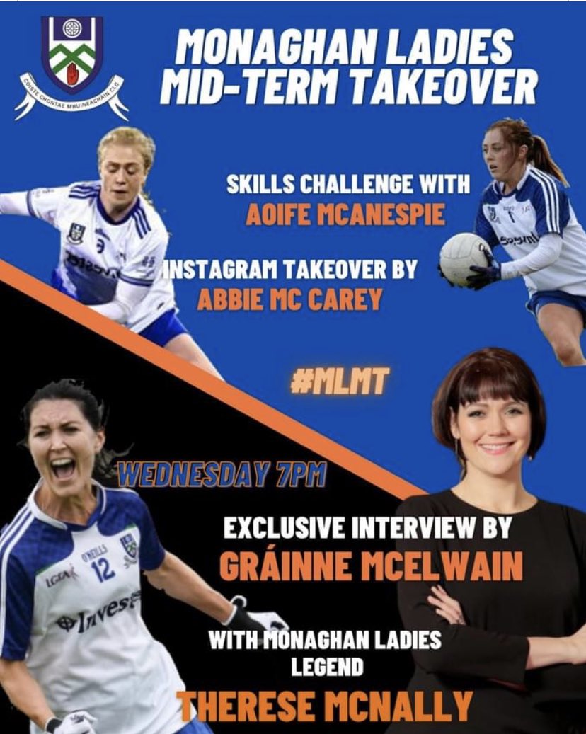 LadiesFootball's tweet photo. Here's what's coming up with the @Monaghan_LGFA crew today!
🏐 Skills challenge with @AAnespie
🤳Abbie McCarey Instagram takeover https://t.co/DHQY69u052
🎙️@grainnemac3 interviews Therese McNally!
#MLMT https://t.co/ve4vdvTJhS