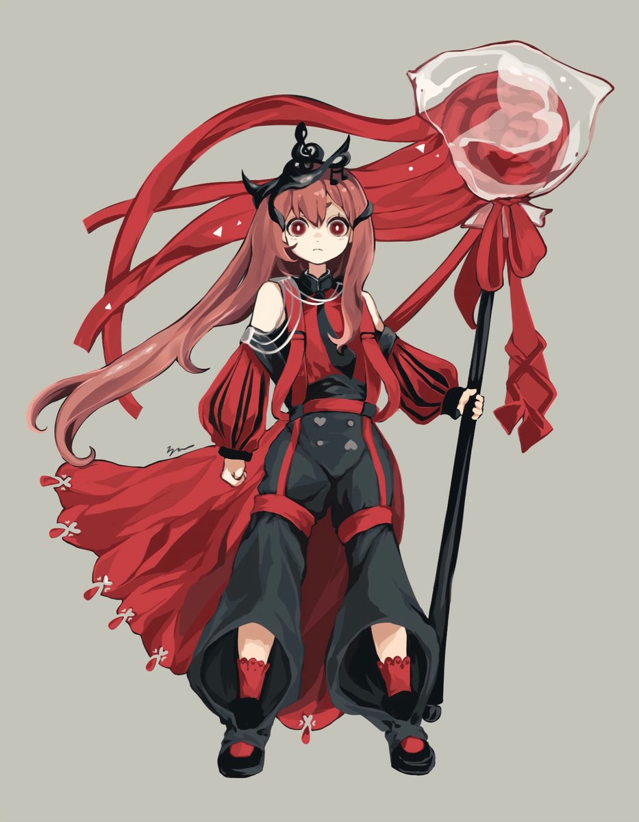1girl solo long hair holding grey background red eyes holding staff  illustration images