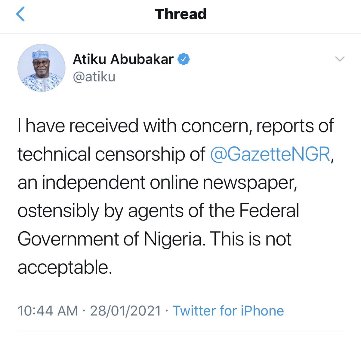 1.  @atiku You have Never been one who loves Nigeria and a Patriot.I tell you this today, your quest to be President of Nigeria,will Never happen!You know Why? You are evil and has used your wealth and resources to encourage evil against a country you seek to rule.