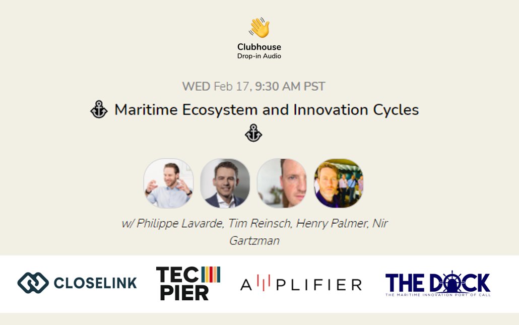 theDOCK (@thedock_hub) on Twitter photo #MaritimeTech investors live on Clubhouse today @ 18:30 CET!
Join our <a href="/NirGartzman/">Nir.Gartzman</a> together with <a href="/HenryJPalmer/">Henry Palmer</a> (<a href="/amplifierlab/">AMPLIFIER</a>), Tim Reinsch (<a href="/TecPier/">TecPier</a>), & <a href="/PhilippeLavarde/">Philippe Lavarde</a> (@closelink_net) talking about "Maritime Ecosystem and Innovation Cycles".
<a href="/HubLogHH/">HubLogHH</a>
bit.ly/3qtglOB #MaritimeTech investors live on Clubhouse today @ 18:30 CET!
Join our <a href="/NirGartzman/">Nir.Gartzman</a> together with <a href="/HenryJPalmer/">Henry Palmer</a> (<a href="/amplifierlab/">AMPLIFIER</a>), Tim Reinsch (<a href="/TecPier/">TecPier</a>), & <a href="/PhilippeLavarde/">Philippe Lavarde</a> (@closelink_net) talking about "Maritime Ecosystem and Innovation Cycles".
<a href="/HubLogHH/">HubLogHH</a>
bit.ly/3qtglOB