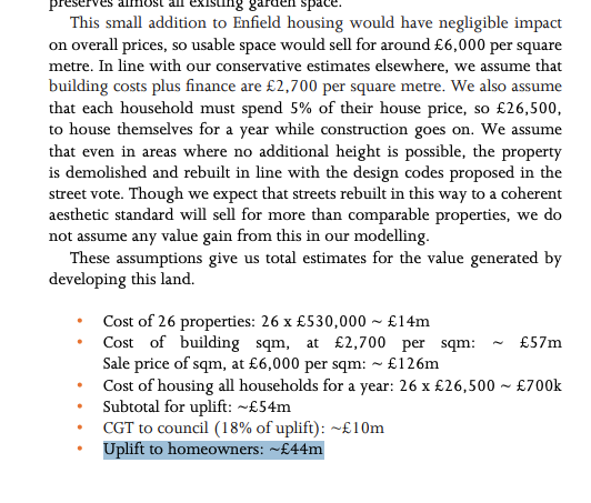 Eg, it gives a worked example of a cul-de-sac in Barnet. With the consent of the residents, 26 bungalows worth £14m in total can be given an additional £54m in uplift, £10m of which goes to the council, £44m of which goes to the homeowners (£1.7m each).  https://policyexchange.org.uk/wp-content/uploads/Strong-Suburbs.pdf#page=70