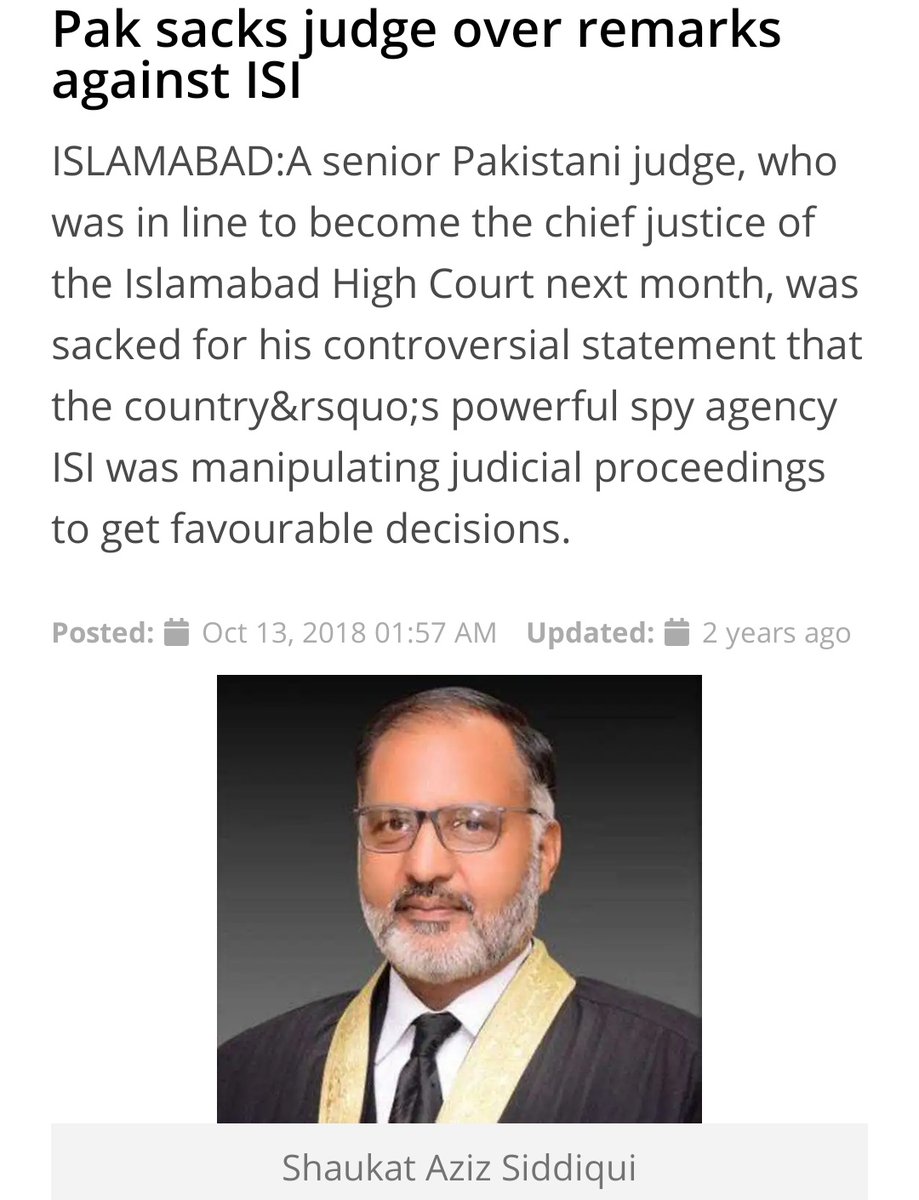 It also buttresses 2018 revelation of Islamabad High Court judge, Justice Shaukat Aziz Siddiqui dt “Today the judiciary & media have come in the control of ‘Bandookwala’ [army]. Judiciary is not independent… In diff cases, ISI forms benches of its choice to get desired results.”