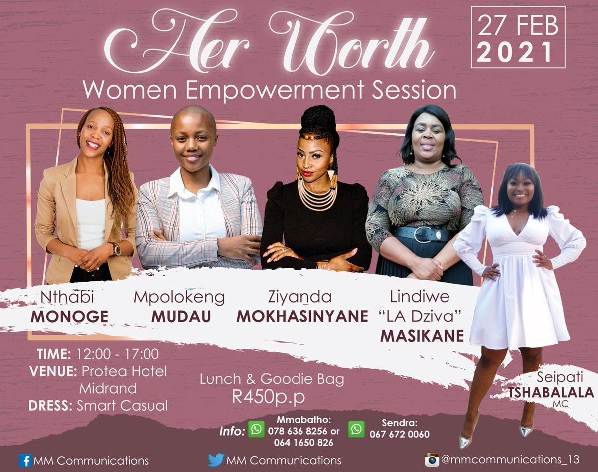 Matome_Kay's tweet photo. Amazing things happen when women gather and help one another.
#MMCommunications calls on all women to gather at Midrand Protea Hotel to teach one another about #HerWorth in a #WomenEmpowermentSession
Date: 27 February 2021
Contact: @MmabathoMakota1: 078 636 8256 https://t.co/9a9oy2MFIv