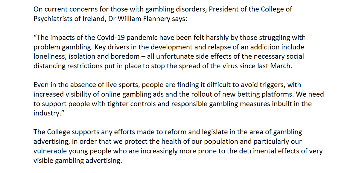 Gambling addiction is a public health issue, often requiring specialised medical intervention in mental health services. Today, we welcome legislation proposed by <a href="/labour/">The Labour Party Ireland</a> which looks to ban gambling advertisement in sports. 

Read our full statement:
irishpsychiatry.ie/wp-content/upl…