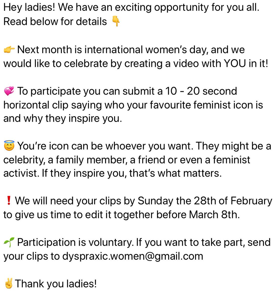 DyspraxicWomen's tweet image. Hey folks! We are hoping to create a video featuring #dyspraxic women for #internationalwomensday2021. Details of how you can get involved can be found in the images below. 💞👇

Alt text has been added to the images for those that use/need this feature.
