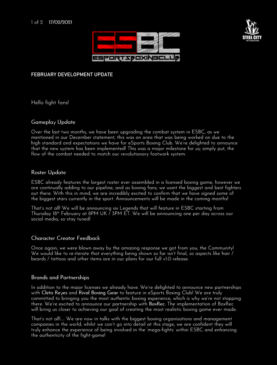 SteelCityInt's tweet image. 🚨ESBC Fans! Here's our February Development update; including major news that is taking the game to the highest levels in boxing! 

*Combat Mechanics update
*6 Legends announcement plan
*Cleto Reyes 
*Rival Boxing Gear 
*World Champions Structure
*2nd Trailer &amp;amp; Launch Plans!