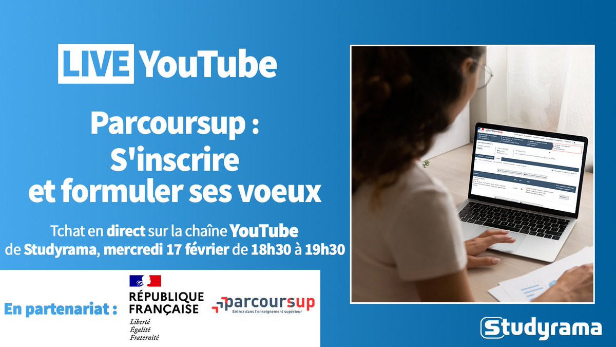 💬 Aujourd'hui, mercredi 17 février, retrouvez à partir de 18h30 sur la chaîne YouTube de <a href="/studyrama/">Studyrama</a> un live consacré à l'inscription et à la formulation des vœux sur #Parcoursup.
Vous pourrez poser toutes vos questions en direct.
Toutes les infos 👉 studyrama.com/parcoursup/par…