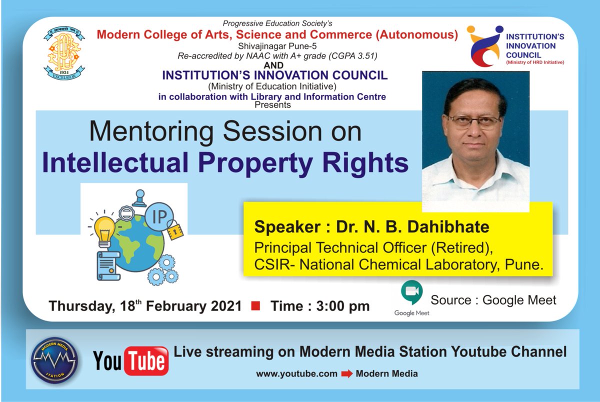 iic_05's tweet photo. Join us tomorrow for "Mentoring session on Intellectual property rights" By Dr. N. B. Dahibhate, Principal technical officer (retired), NCL, Pune.
*Date and time*: 18th February, 2021, 3 pm onwards
Live streaming on official YouTube channel of College- 
https://t.co/R1T8Hg9nzr https://t.co/StonneMZKk