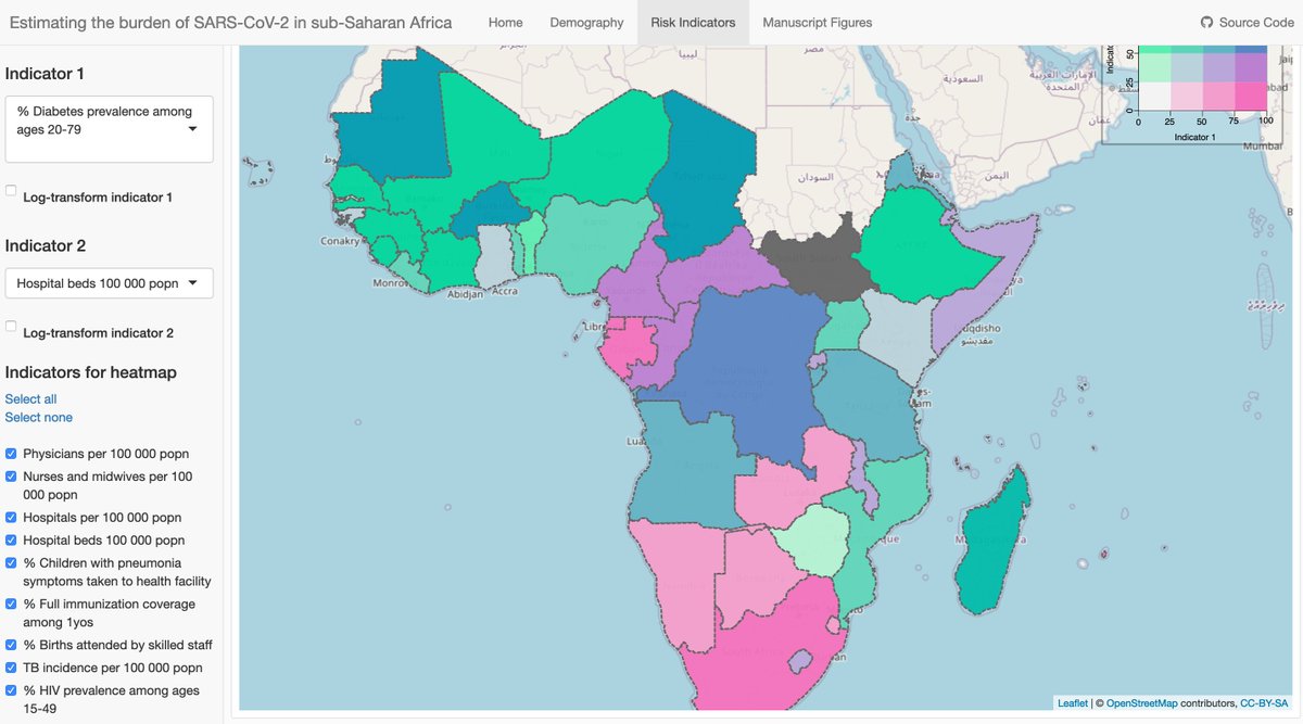 Multi-colored map of sub-Saharan Africa showing risk of severe coronavirus infection based on the prevalence of diabetes and number of hospital beds per 100,000 people.