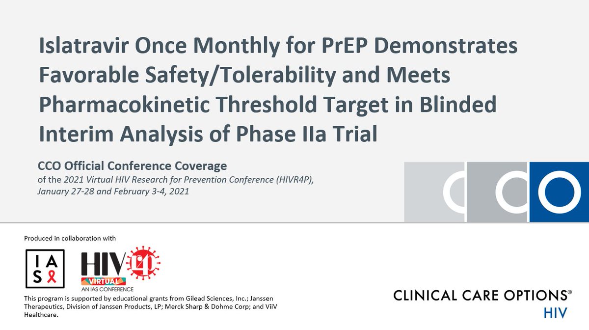 Interim analysis showed that #islatravir administered once monthly achieved the prespecified pharmacokinetic threshold for predicted #HIV pre-exposure prophylaxis efficacy. To learn more about this study presented at #HIVR4P, download slideset➡️bit.ly/3psXWAu