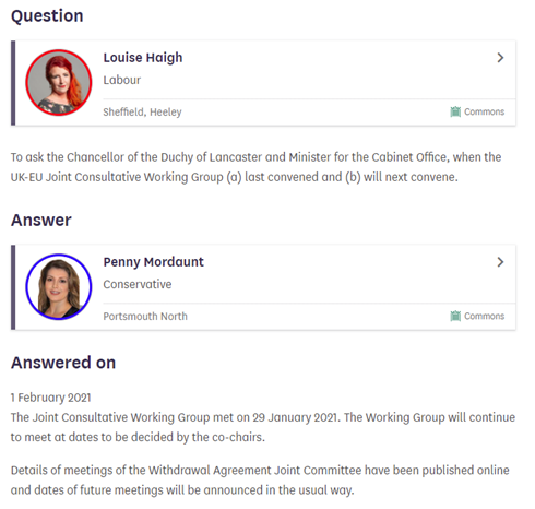 Without any fanfare the UK-EU Joint Consultative Working Group established by the Protocol on Ireland/Northern Ireland met on 29 January.We know this from a matter-of-fact response from  @PennyMordaunt to a written question from  @LouHaigh  https://questions-statements.parliament.uk/written-questions/detail/2021-01-27/1447361/