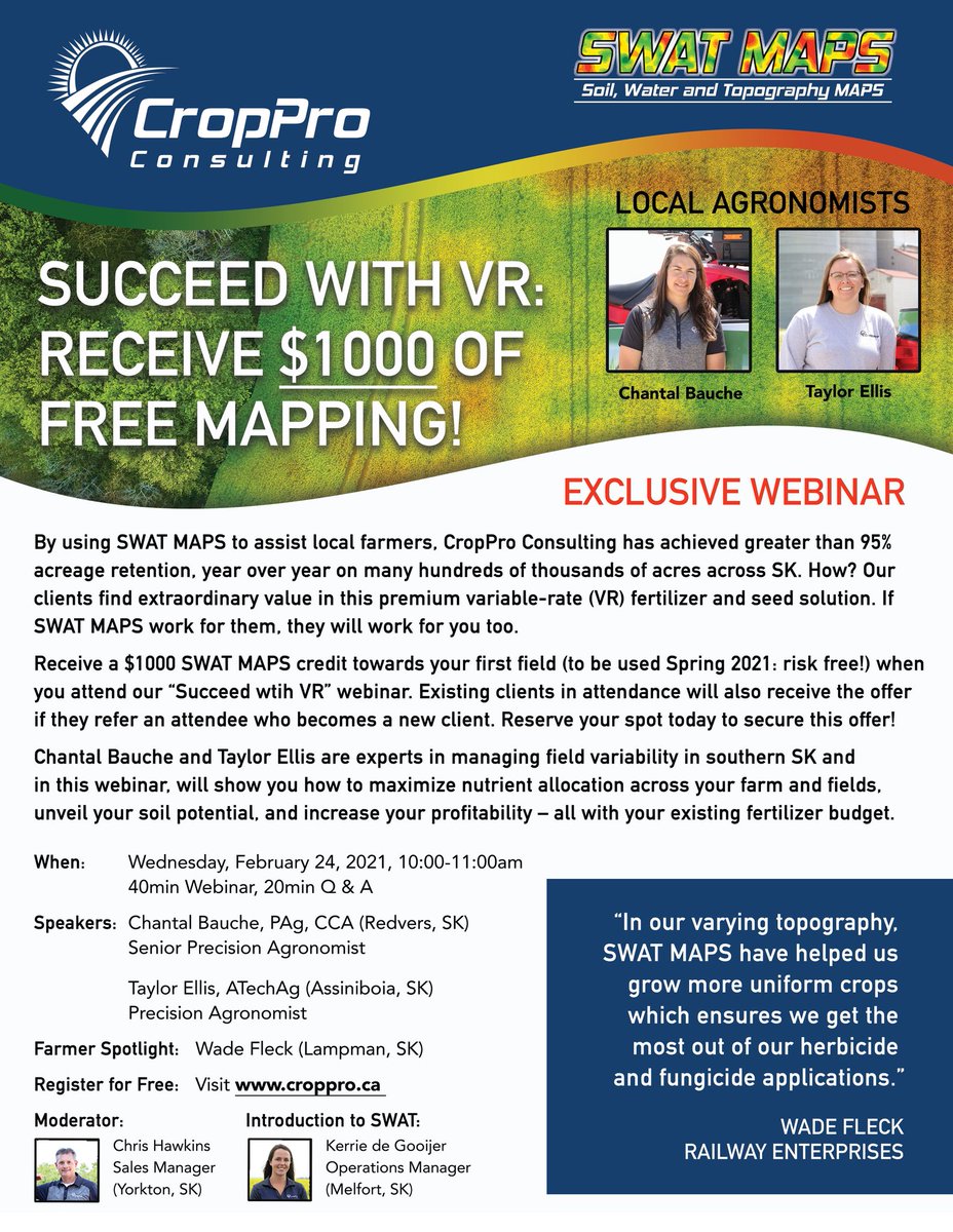 SWATMAPSHawk's tweet photo. 3rd of 4 @CropProConsult webinars is around the corner. Join us Wed, Feb 24 at 10am. Learn why and how @BaucheChantal and @CropProTaylor use #SWATMAPS to "Succeed with Variable Rate" in South SK. Register at https://t.co/ba3QW0u8PE https://t.co/O9TrJ1NmEg