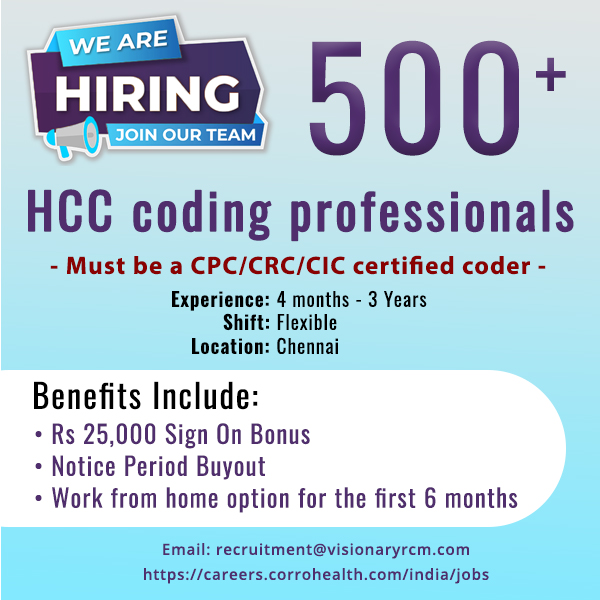 VisionaryRCM's tweet photo. @CorroHealth is hiring 500+ HCC coders within the next three weeks for our global team! Are you looking for a change or know somebody that is? Let us know!

Contact Email : recruitment@visionaryrcm.com
Career Page ink : https://t.co/828IjFzPHp

#WeAreCorroHealth https://t.co/DxvRKFYl4j