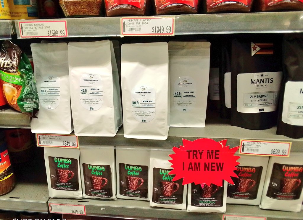 More Zimbabwe coffee beans on the shelves of Supermarkets. Not very sure about the pricing though. Those prices are for 250grams. #investinManicaland