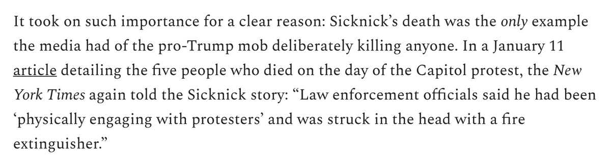 Here's a ¶ from Greenwald's latest Sicknick trutherism. For him, violence appears to only "count" if 1) it intends the injuries sustained and 2) it results in death.