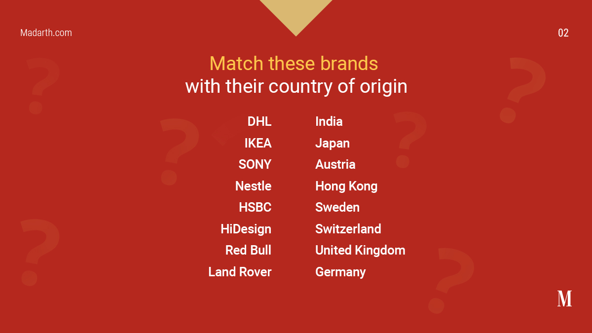 The #WednesdayWhizQuiz is here to see if you know where these famous brands were born. Share your answers in the comments below.

#GameMode #PlayOn #BrandsOfIndia #IndianBrands  #CountryOfOrigin #TheMadarthWay #TriviaTime #MidWeekGames #MethodAndMadness #QuizTime