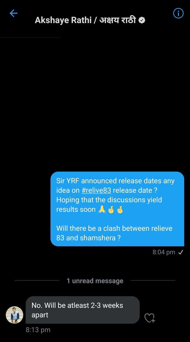 versatilefan's tweet photo. No clash between #relive83 and Shamshera. Checked with Akshaye Rathi and he confirmed that the movies would release 2-3 weeks apart. https://t.co/lTyh5Gc85N