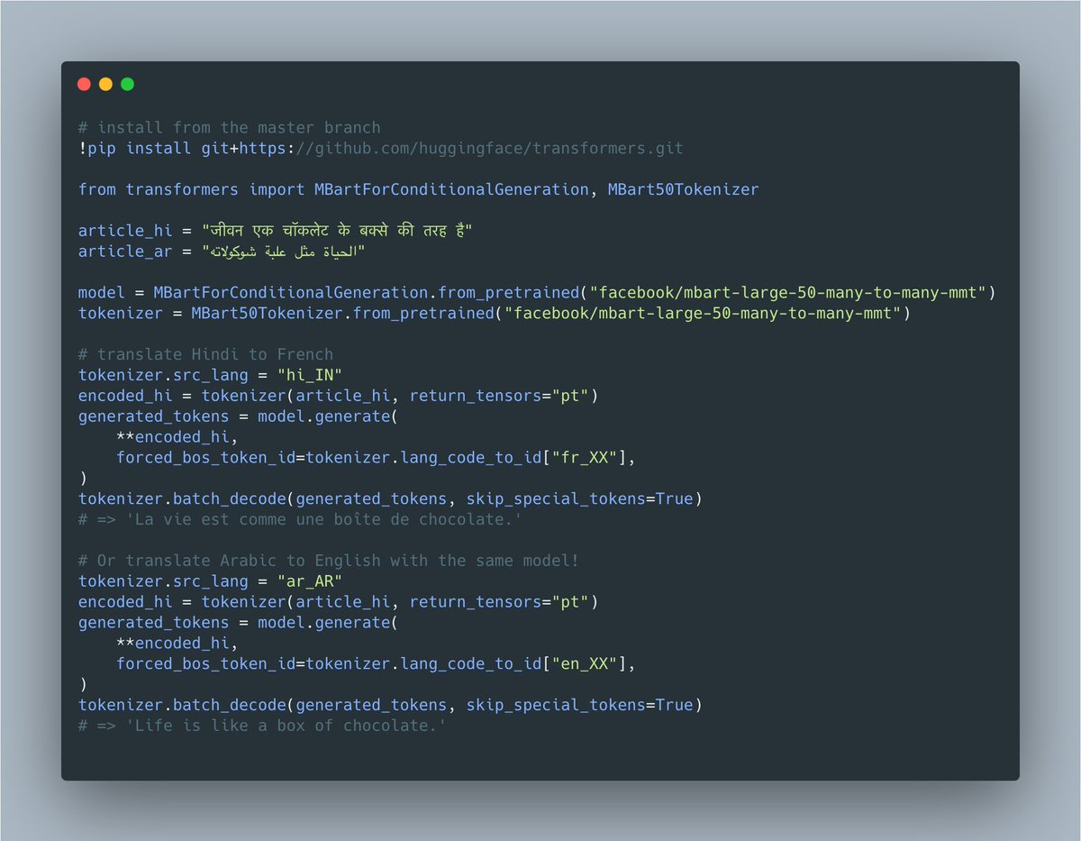 🚨 NEW MODEL ALERT 🚨
Translate text to, or between 50 languages with mBART-50  from @facebookai !
🇺🇳 One-to-Many model: translate from English to 49 other languages
↔️ Many-to-Many model:  translation btw any pair of 50 languages