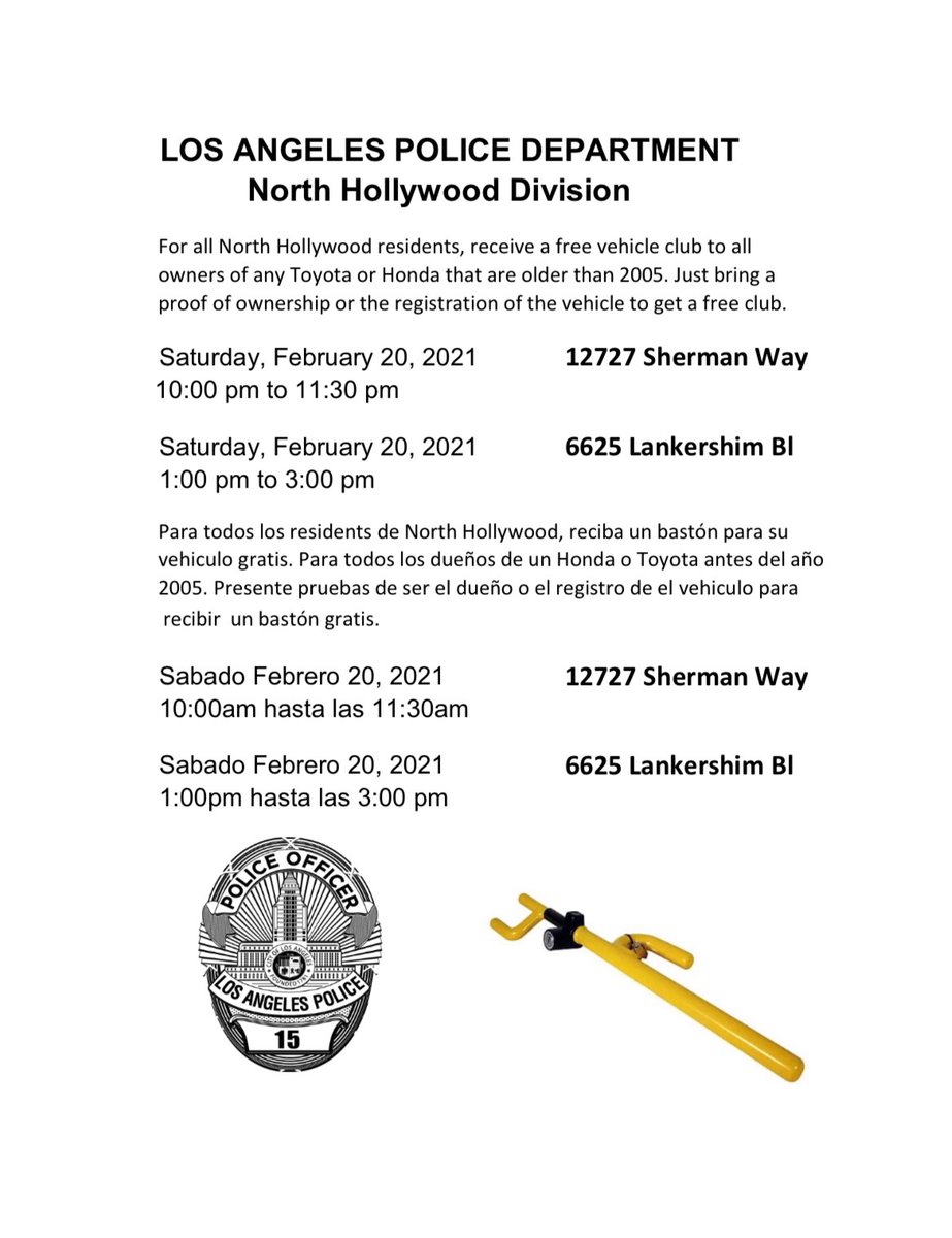 LAPDNorthHwdDiv's tweet photo. We need your help to reduce Auto Thefts. @LAPDNorthHwdDiv will be providing "FREE" Club Anti-Theft devices to all owners of Toyota &amp; Honda vehicles model year 2005 and older. 

We are in this together, let's keep our communities crime free &amp; safe for ALL.

(While supplies last) https://t.co/1gfa6Glhwu
