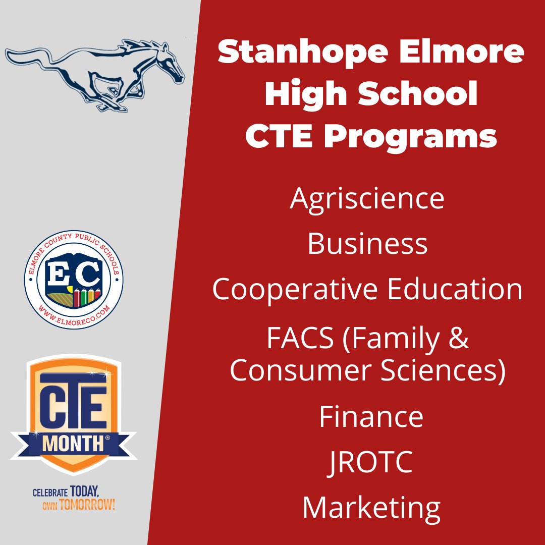 Celebrating #CTEMonth at Stanhope Elmore High: 
#CTE courses are offered in Agriscience, Business, Cooperative Education, FACS, Finance, JROTC, and Marketing.  SEHS students also have the opportunity to enroll in ECTC's 12 CTE programs in grades 10-12. @ECBOED