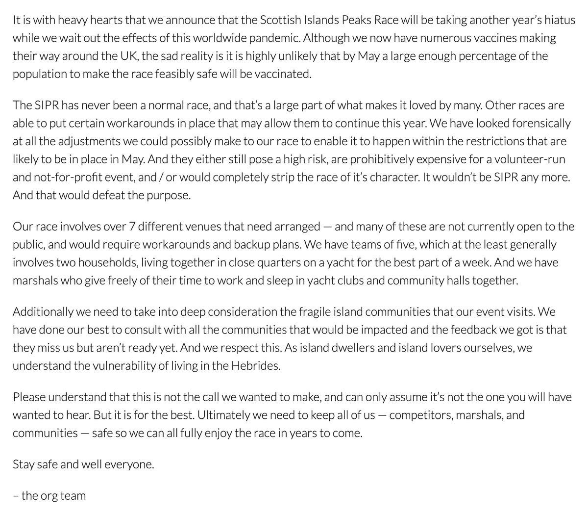 Unfortunately we have made the difficult decision to cancel this year's race. scottishislandspeaksrace.com/2021/02/17/sip…