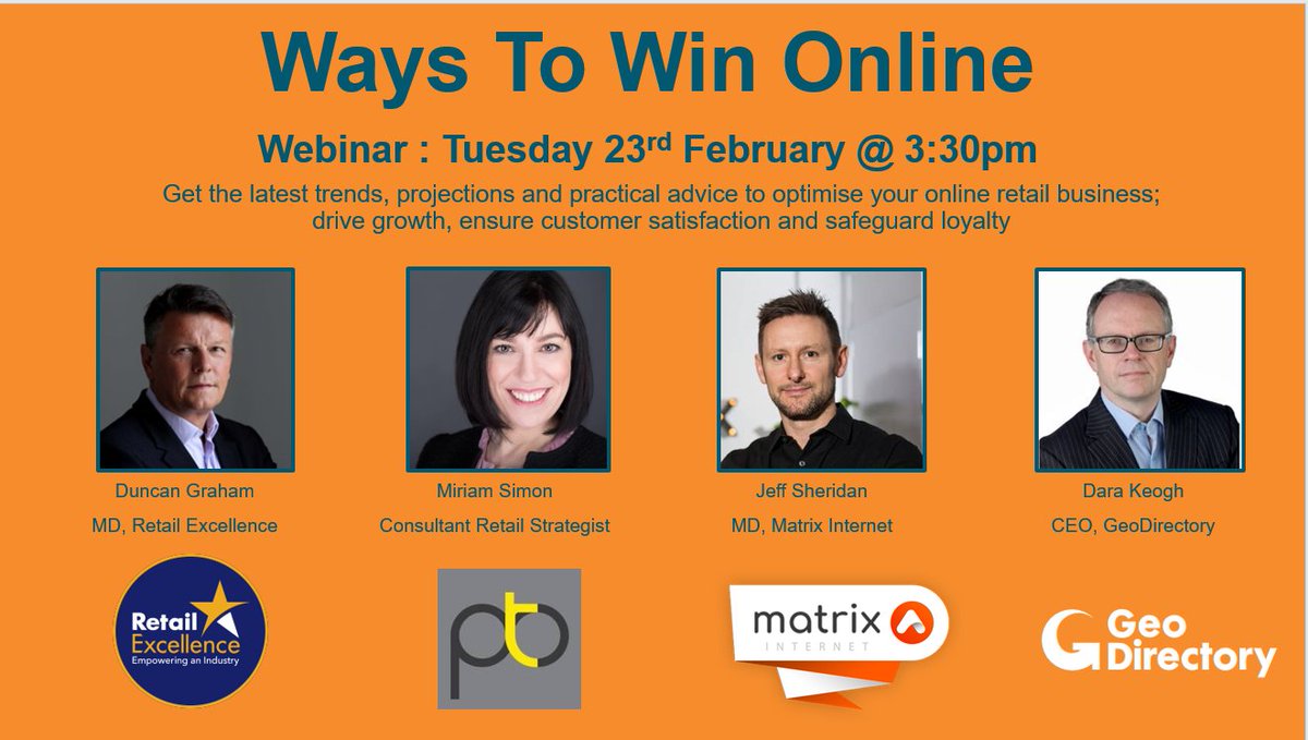 Retail Excellence Ireland (@retailexireland) on Twitter photo If you have an online business, join our partners <a href="/GeoDirectory_ie/">GeoDirectory</a> for a free webinar on Tuesday 23rd February at 3.30pm to learn how to stand out against your competitors and thrive online in 2021.
Register your place today at: lnkd.in/evREcs2 If you have an online business, join our partners <a href="/GeoDirectory_ie/">GeoDirectory</a> for a free webinar on Tuesday 23rd February at 3.30pm to learn how to stand out against your competitors and thrive online in 2021.
Register your place today at: lnkd.in/evREcs2