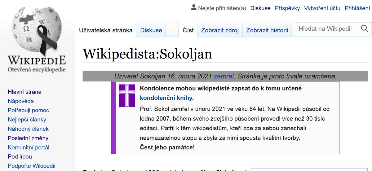 stepan8sedlacek's tweet photo. Možná jste si všimli, že česká @Wikipedie drží smutek. Její logo na hlavní straně zdobí černá stužka. Jan Sokol byl zasloužilý Wikipedista, který založil nebo podstatně rozšířil tisíce stránek. Naposledy ze svého profilu editoval 4. února článek o jihofrancouzském městě Tarbes. https://t.co/oCxJqhgGBW