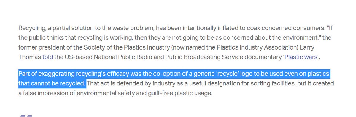 Part of my research involved watching this top  @frontlinepbs documentary. You know the little recycling symbol on plastic stuff? Yeah - it doesn't mean 'will be recycled' or even necessarily recyclable. It's just a number designating the resin type.  https://www.pbs.org/wgbh/frontline/film/plastic-wars/