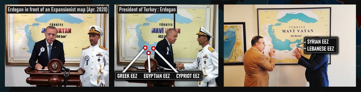 On April 2020, the President of Turkey took a photo in front of maximalist map with illegal maritime claims. A concept he supported even earlier, claiming maritime territories from Egypt, Greece, Cyprus, Syria and Lebanon.