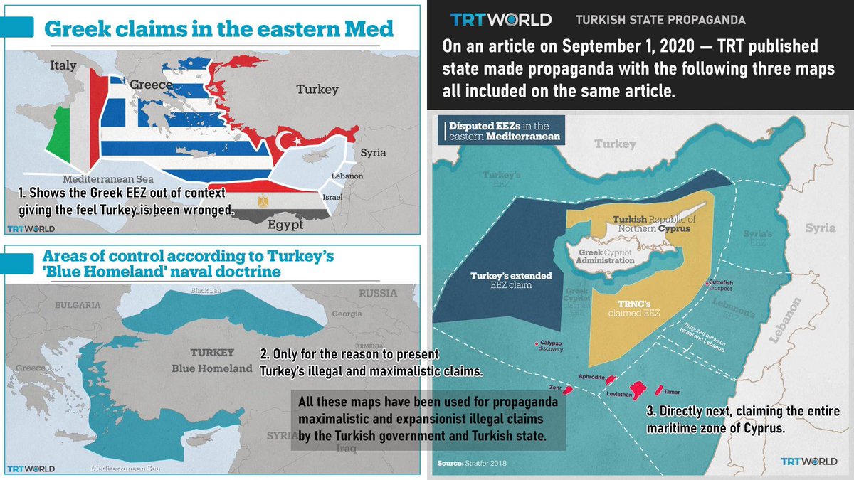 On an article on September 1, 2020 — TRT published state made propaganda with the following three maps, all included on the same article.All these maps have been used for propaganda, maximalist and illegal claims by the Turkish government and Turkish state.