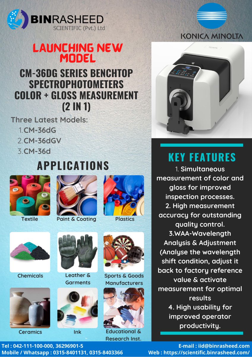 binrasheedgroup's tweet photo. The CM-36dG, CM-36dGV, and CM-36d are the successor models to the CM-3600A and CM-3610A benchtop #spectrophotometers that have been widely used in every industry.
https://t.co/UXQyzINhHr https://t.co/gmNg2nwAUN